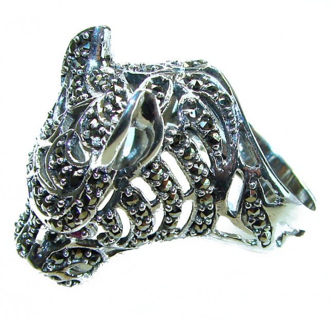 Panthère's Head Marcasite Ruby .925 Sterling Silver handcrafted Statement Ring size 9 1/4