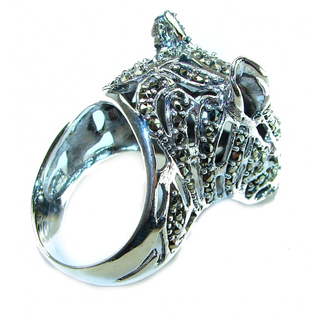 Panthère's Head Marcasite Ruby .925 Sterling Silver handcrafted Statement Ring size 9 1/4