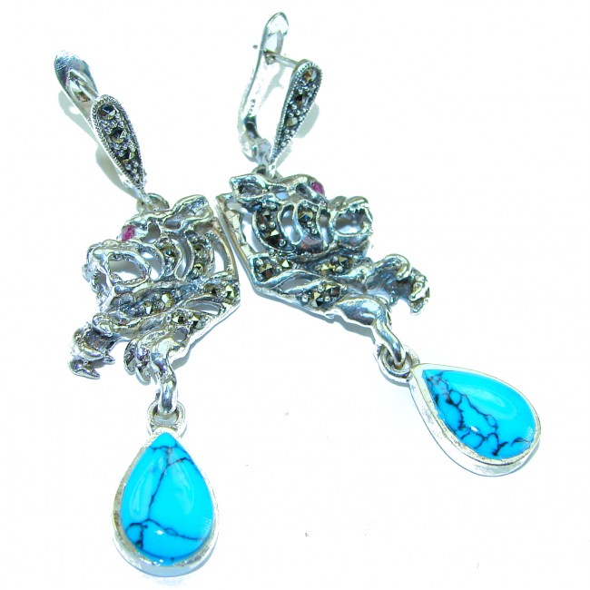 Spectacular Panthers Blue Turquoise .925 Sterling Silver handcrafted Earrings