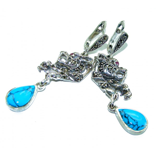 Spectacular Panthers Blue Turquoise .925 Sterling Silver handcrafted Earrings