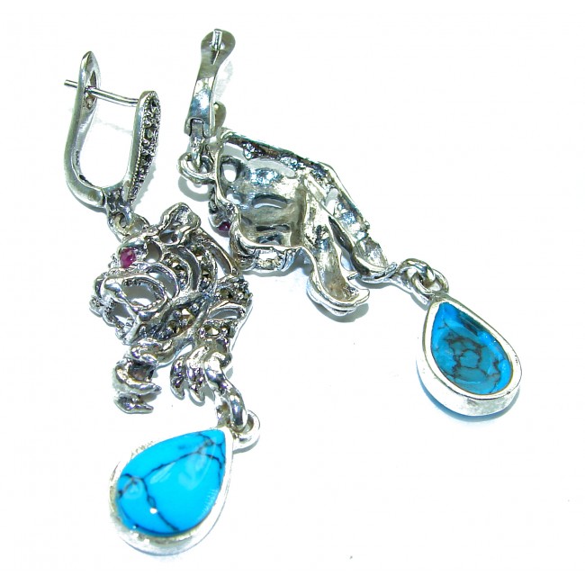 Spectacular Panthers Blue Turquoise .925 Sterling Silver handcrafted Earrings