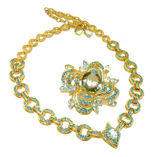 Seaside 185.5 carat Prasolite - Swiss Blue Topaz 18K Gold over .925 Sterling Silver handmade convertible necklace Statement necklace brooch pendant - photo 2