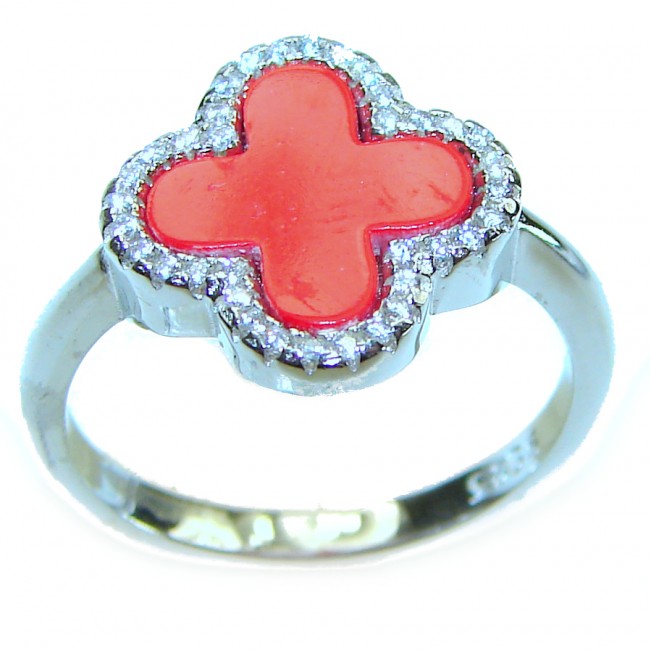 A four-leaf clover Coral .925 Sterling Silver handcrafted ring s. 8