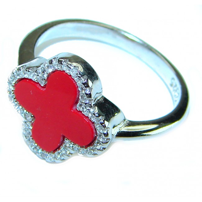 A four-leaf clover Coral .925 Sterling Silver handcrafted ring s. 8