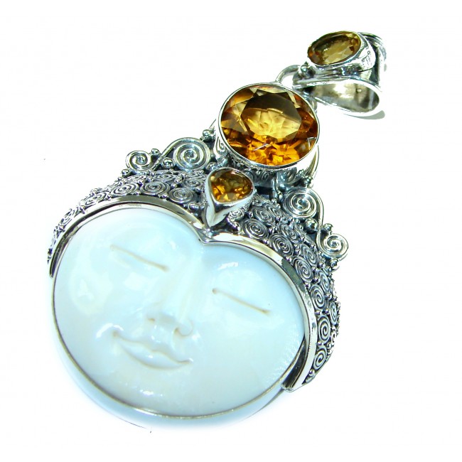 7Moonface - Authentic Carved Ox Bone 6.8 carat Citrine .925 Sterling Silver Pendant