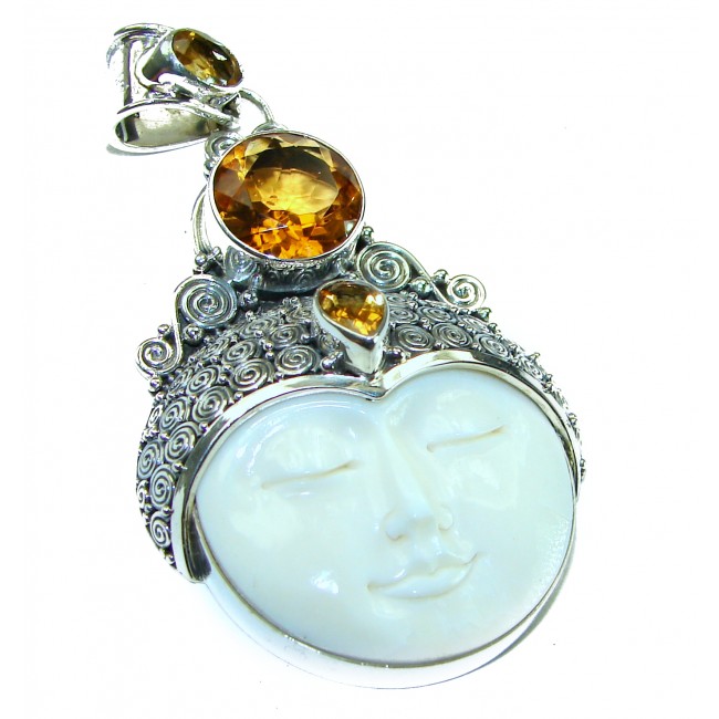 7Moonface - Authentic Carved Ox Bone 6.8 carat Citrine .925 Sterling Silver Pendant