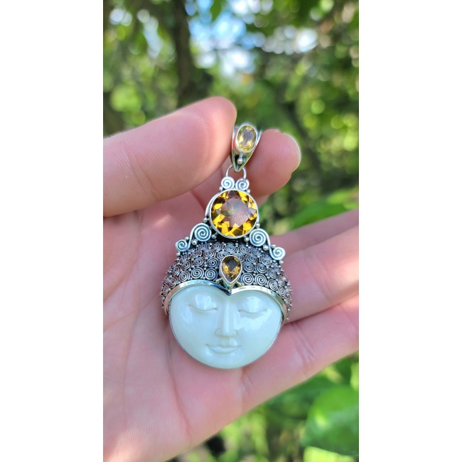 7Moonface - Authentic Carved Ox Bone 6.8 carat Citrine .925 Sterling Silver Pendant