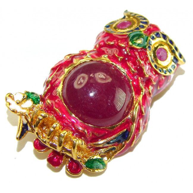 Wisdom and Unseen World - Owl- Genuine 10.5 carat Ruby enamel .925 Sterling Silver handmade Pendant - Brooch - photo 4