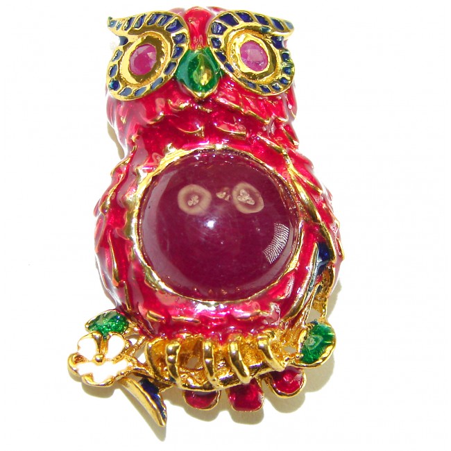 Wisdom and Unseen World - Owl- Genuine 10.5 carat Ruby enamel .925 Sterling Silver handmade Pendant - Brooch - photo 2