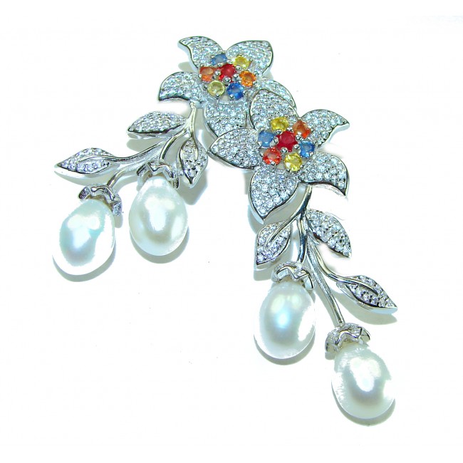 Precious white freshwater Pearl multicolor Sapphire .925 Sterling Silver handcrafted earrings - photo 3