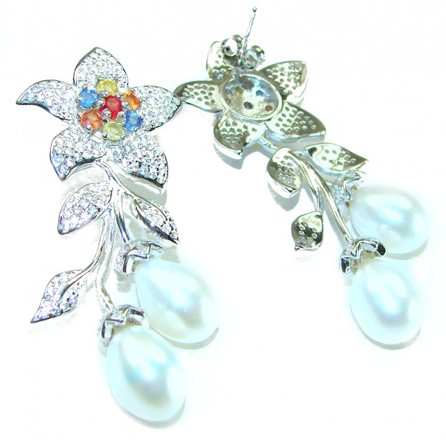Precious white freshwater Pearl multicolor Sapphire .925 Sterling Silver handcrafted earrings - photo 1