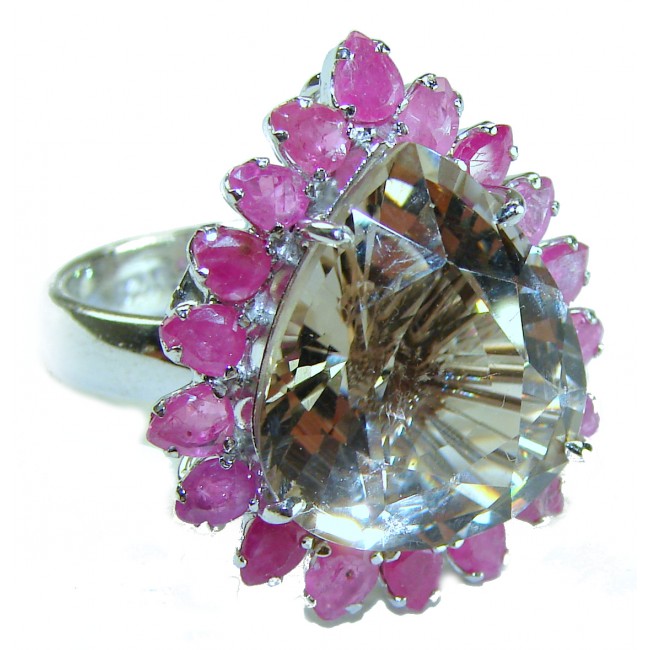 Egyptian Night 15.5 carat Champagne Smoky Topaz Ruby .925 Sterling Silver Ring size 8 1/2