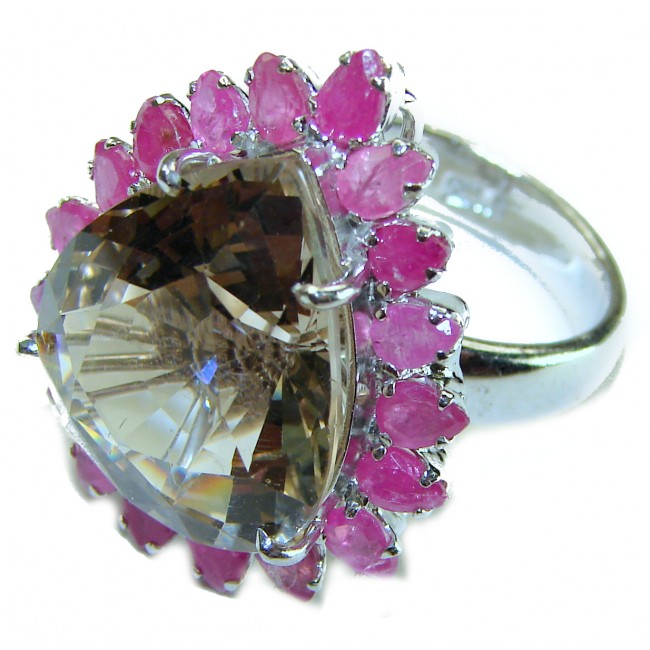 Egyptian Night 15.5 carat Champagne Smoky Topaz Ruby .925 Sterling Silver Ring size 8 1/2