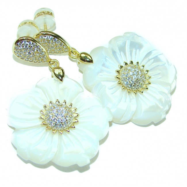 Genuine Blister Pearl lab grown Diamond 18K Gold over .925 Sterling Silver handcrafted Large Statement Earrings - photo 4