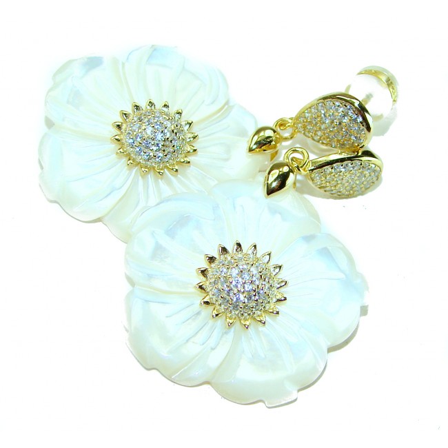 Genuine Blister Pearl lab grown Diamond 18K Gold over .925 Sterling Silver handcrafted Large Statement Earrings - photo 3