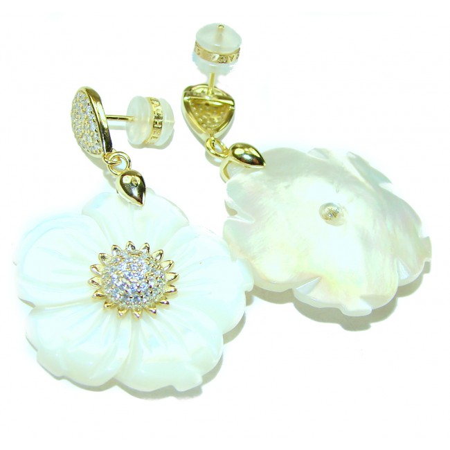 Genuine Blister Pearl lab grown Diamond 18K Gold over .925 Sterling Silver handcrafted Large Statement Earrings - photo 2