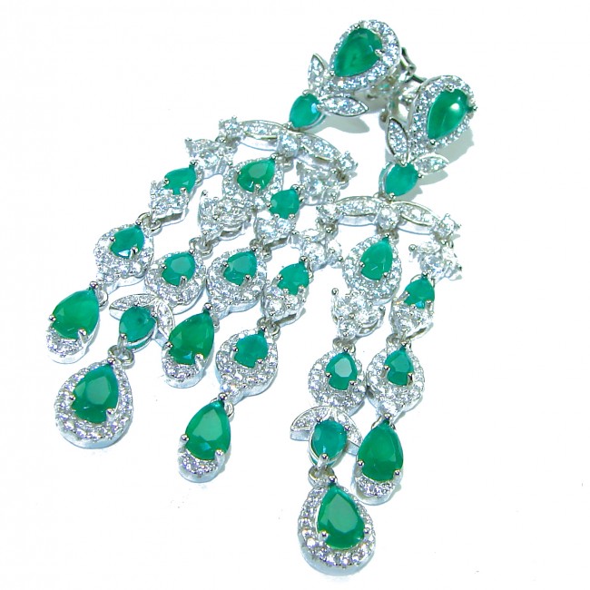 Pure Luxury 18.2 carat natural Colombian Emerald .925 Sterling Silver handmade Long Statement earrings