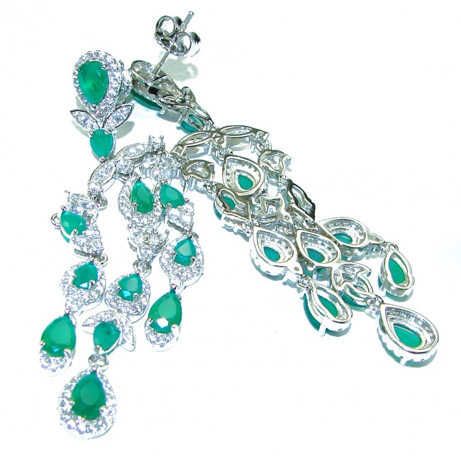 Pure Luxury 18.2 carat natural Colombian Emerald .925 Sterling Silver handmade Long Statement earrings