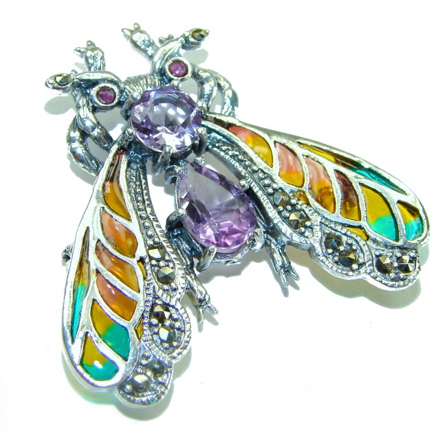 Precious Bee genuine Amethyst Enamel .925 Sterling Silver handmade Pendant - Brooch