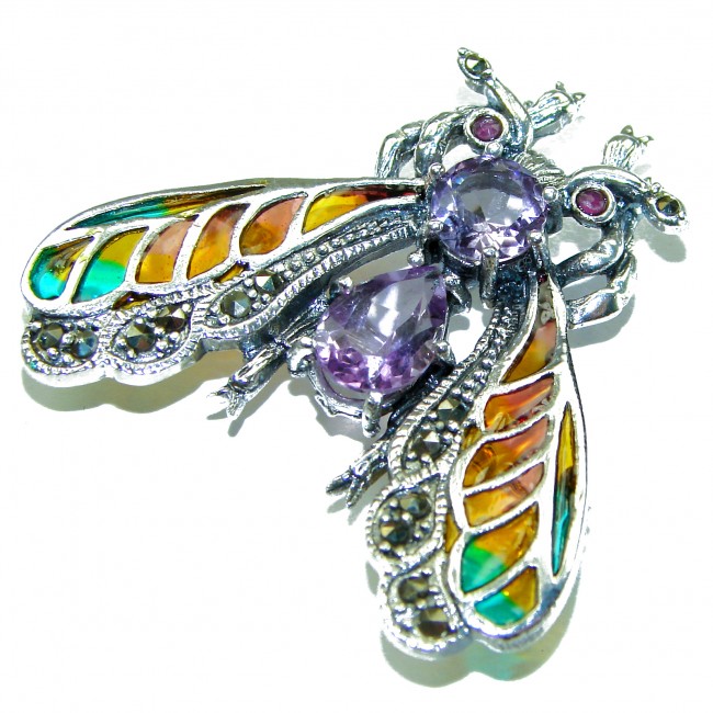 Precious Bee genuine Amethyst Enamel .925 Sterling Silver handmade Pendant - Brooch