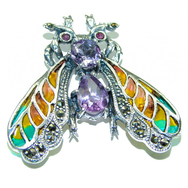 Precious Bee genuine Amethyst Enamel .925 Sterling Silver handmade Pendant - Brooch