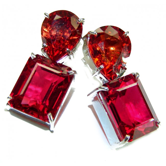 Blooming Rose baguette cut 19.5 carat Red Topaz .925 Sterling Silver handmade Statement earrings
