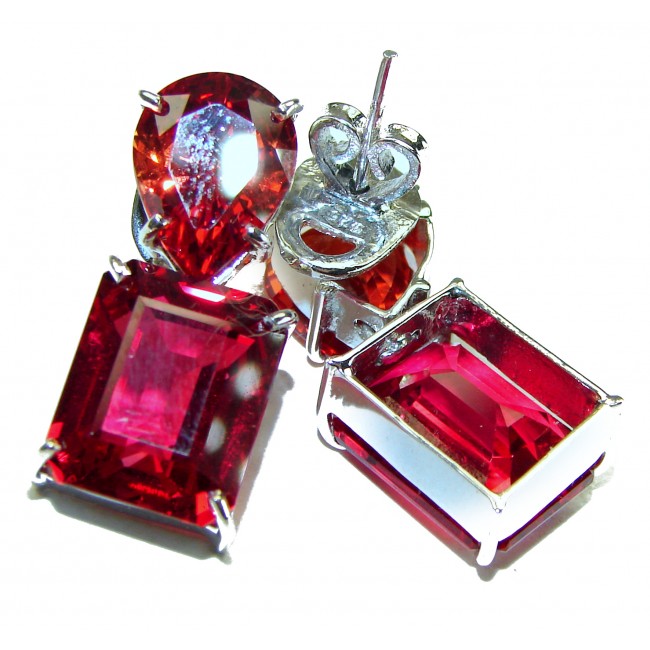 Blooming Rose baguette cut 19.5 carat Red Topaz .925 Sterling Silver handmade Statement earrings