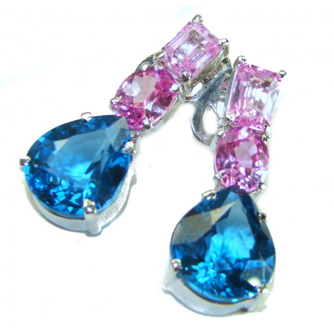 Summer 22.5 carat Pink Sapphire Swiss Blue Topaz .925 Sterling Silver handmade Statement earrings - photo 3