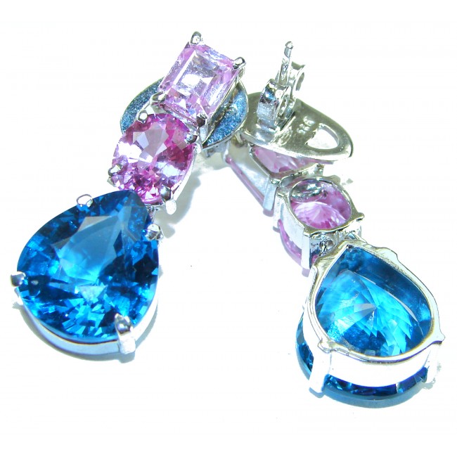 Summer 22.5 carat Pink Sapphire Swiss Blue Topaz .925 Sterling Silver handmade Statement earrings - photo 2