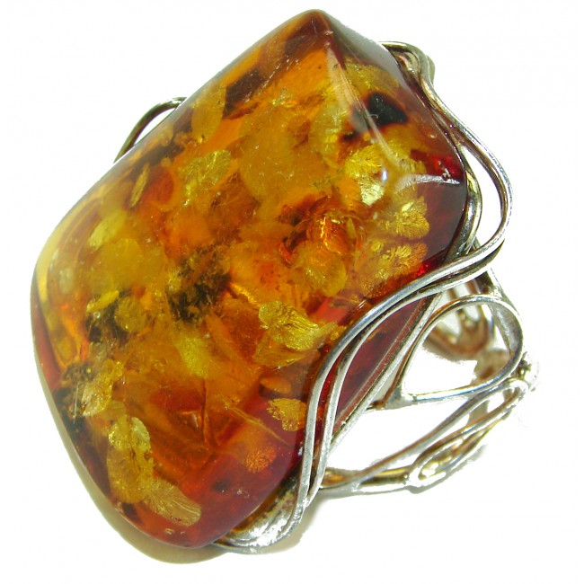 Huge- Beauty of the Nature Baltic Amber .925 Sterling Silver handcrafted ring; s. 8 adjustable