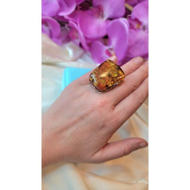 Huge- Beauty of the Nature Baltic Amber .925 Sterling Silver handcrafted ring; s. 8 adjustable