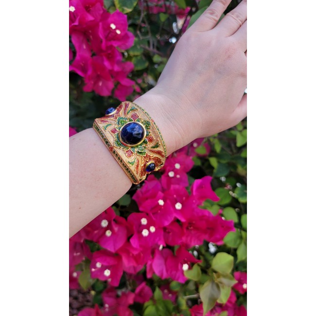Truly Spectacular authentic 22.5 carat Sapphire Enamel 18K Gold over .925 Sterling Silver handmade bangle Bracelet