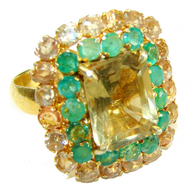Vintage design - 17.5 carat Champagne Smoky Topaz 18K Gold over .925 Sterling Silver Ring size 7 1/4