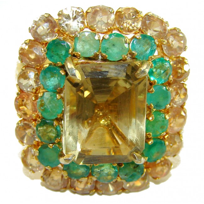Vintage design - 17.5 carat Champagne Smoky Topaz 18K Gold over .925 Sterling Silver Ring size 7 1/4