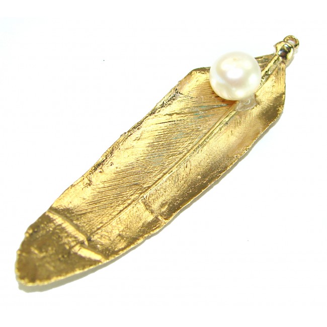 Stylish REAL Leaf dipped in Sterling Silver and 14K Pearl & .925 Sterling Silver Pendant