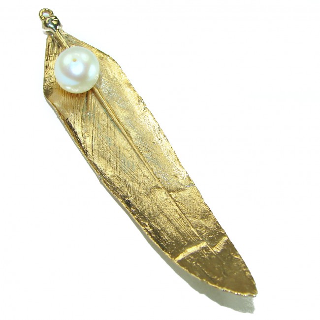 Stylish REAL Leaf dipped in Sterling Silver and 14K Pearl & .925 Sterling Silver Pendant
