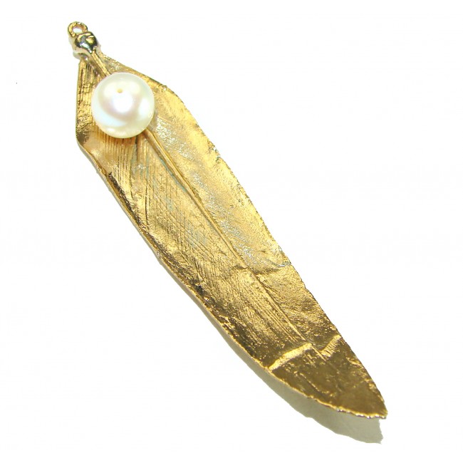 Stylish REAL Leaf dipped in Sterling Silver and 14K Pearl & .925 Sterling Silver Pendant