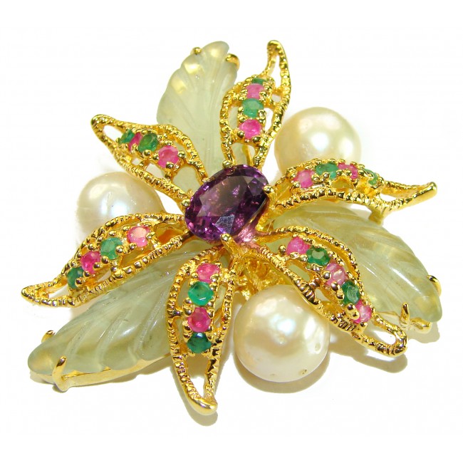 Wild Flower genuine 55.85 carat Lemon Quartz 18K Gold over .925 Sterling Silver handmade Large Pendant - Brooch