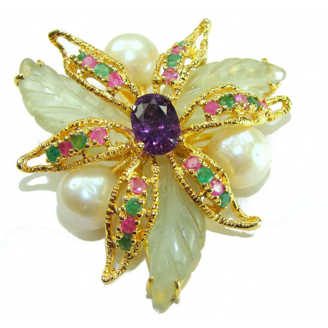 Wild Flower genuine 55.85 carat Lemon Quartz 18K Gold over .925 Sterling Silver handmade Large Pendant - Brooch