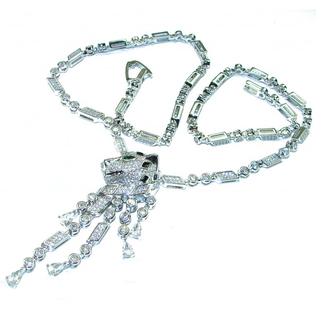 Luxurious Panthère Emerald black enamel .925 Sterling Silver handcrafted Statement Necklace