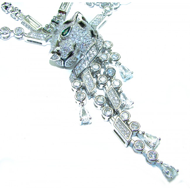 Luxurious Panthère Emerald black enamel .925 Sterling Silver handcrafted Statement Necklace