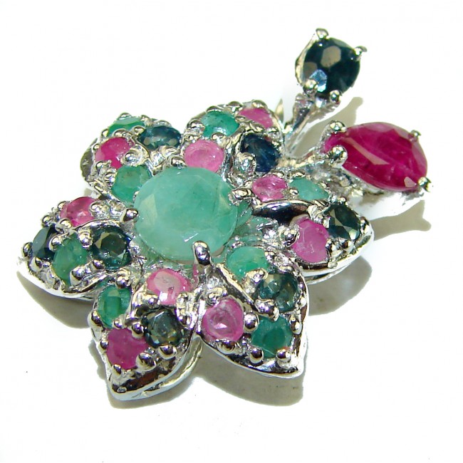Precious Genuine 17.5 carat Emerald Ruby Sapphire .925 Sterling Silver handmade Pendant - photo 3