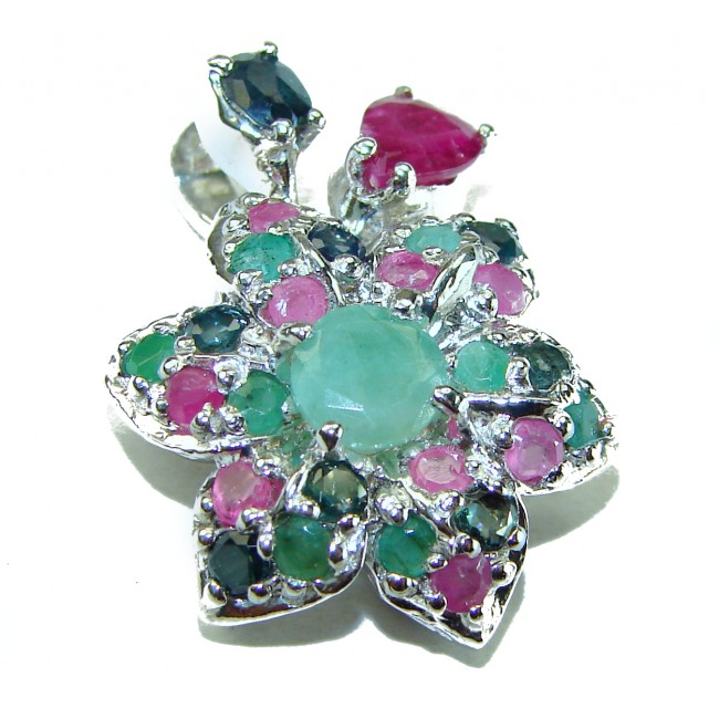 Precious Genuine 17.5 carat Emerald Ruby Sapphire .925 Sterling Silver handmade Pendant - photo 2