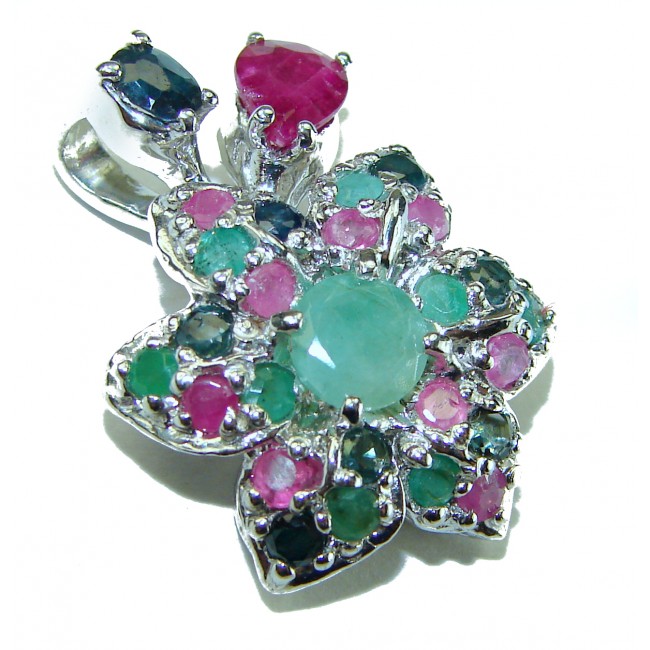 Precious Genuine 17.5 carat Emerald Ruby Sapphire .925 Sterling Silver handmade Pendant - photo 1