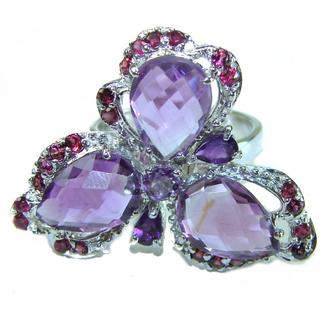 Lilac Flower -Natural 19.5 carat Amethyst .925 Sterling Silver handcrafted Statement Large Ring size 9 3/4