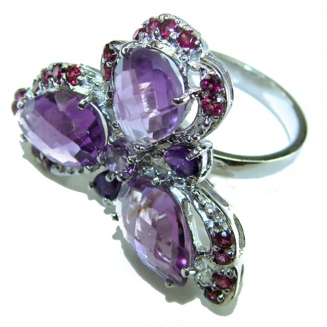 Lilac Flower -Natural 19.5 carat Amethyst .925 Sterling Silver handcrafted Statement Large Ring size 9 3/4