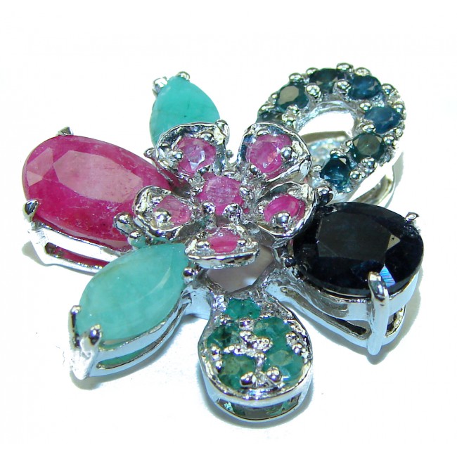 Precious Genuine 19.5 carat Emerald Ruby Sapphire .925 Sterling Silver handmade Pendant - photo 3