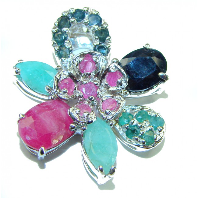 Precious Genuine 19.5 carat Emerald Ruby Sapphire .925 Sterling Silver handmade Pendant - photo 1