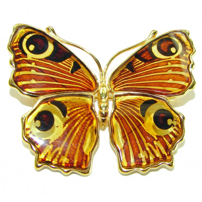 Golden Butterfly Baltic Polish Amber 18K Gold over .925 Sterling Silver handcrafted Pendant / Brooch - photo 4