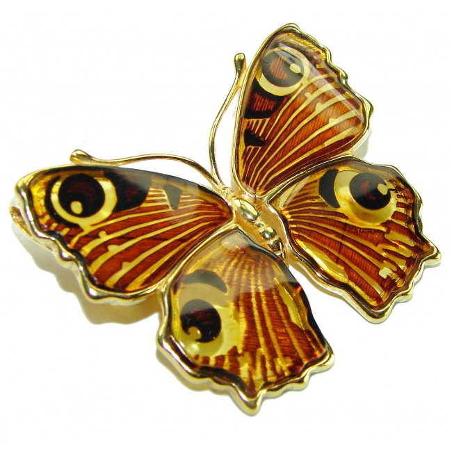 Golden Butterfly Baltic Polish Amber 18K Gold over .925 Sterling Silver handcrafted Pendant / Brooch - photo 3